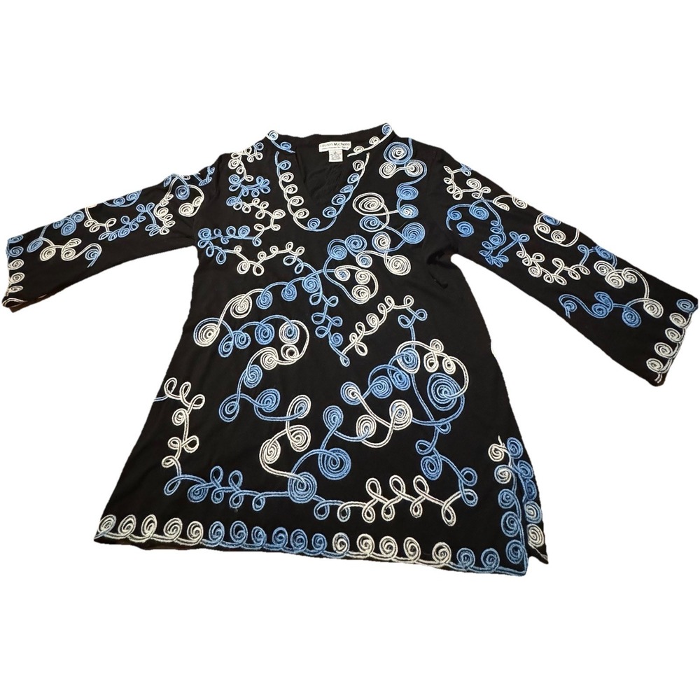 Lauren Michelle Woman  Black Silver Tunic Top Blouse Applique Ribbon Sz L